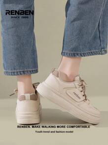 RENBEN Women's Thick Sole White Sneakers, Spring 2025 New Fashion Casual Beige Shoes, Versatile & Popular Small Niche Student White Canvas Shoes - Khaki - View 9