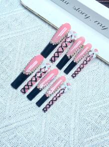 10pcs Y2K French Press On Nails Full Coverage Fake Nail Handmade Press On Nails With 3D Shiny Rhinestones And Bowknot Decor , Perfect For Weddings, Parties, Valentine's Day, Birthdays, Christmas Gifts,Supremely Fit Reusable Nail Art,1pc Jelly Gel/1pc Mini Rubbing Strips ,Detachable Press On Nails Set,