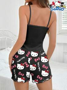 Sanrio Set da 2 pezzi in coordinato da donna per la casa Hello Kitty di Sanrio, con canotta a bretelle e pantaloncini con stampa di lettere e fiocco, pigiama comodo