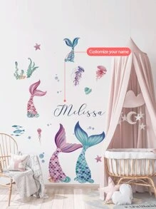 [Aangepaste kinderkamerdecoratie] Gepersonaliseerde muursticker met cartoon zeedieren + aangepaste babynaam als herdenkingssticker, geschikt voor kinderkamer, verjaardag, babyshower, kleuterschooldecoratie (verwijderbare sticker)