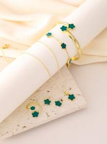 5入組女孩幸運花飾品套裝，包括壓克力手環、手鐲、三葉草項鍊、戒指和耳環 - 白色 - 查看 11