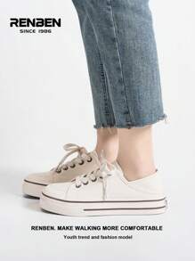 RENBEN 1 双 HABB 女士帆布鞋，2025 年春季新款，一脚蹬款式，百搭时尚，厚底，适合休闲、休闲 - 米色 - 查看 10