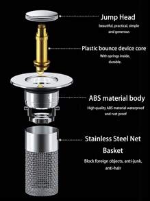 1pc Popup Sink Drain With Hair Catcher, Stainless Steel Sink Strainer, Stainless Steel Filter + Chrome Plated Plastic - Not A Universal Model, Please Confirm Size Fits Water Outlet Diameter 3.4-4.0cm Before Purchase Bathroom Decor Summer