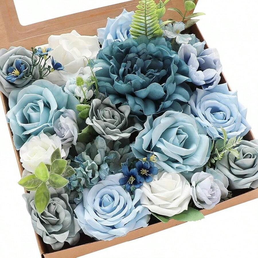 Caja de set combinado de flores artificiales de rosa palo, malva, peonías y follaje verde de Floroom para hacer arreglos florales, centros de mesa para bodas, despedidas de soltera, fiestas y decoración del hogar - Azul - Ver 1