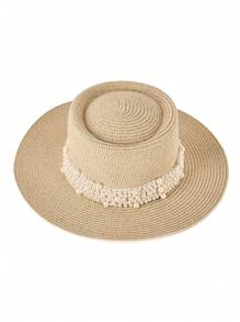 1pc Elegant Bohemian Solid Beaded & Pearl Decor UV Protection Round Top Straw Sun Hat, Fashion & Versatile For All Seasons - Straw Hat - View 15