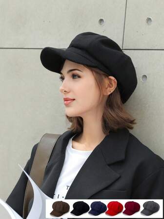 1 件装休闲复古纯色贝雷帽，保暖防风，冬季八角帽