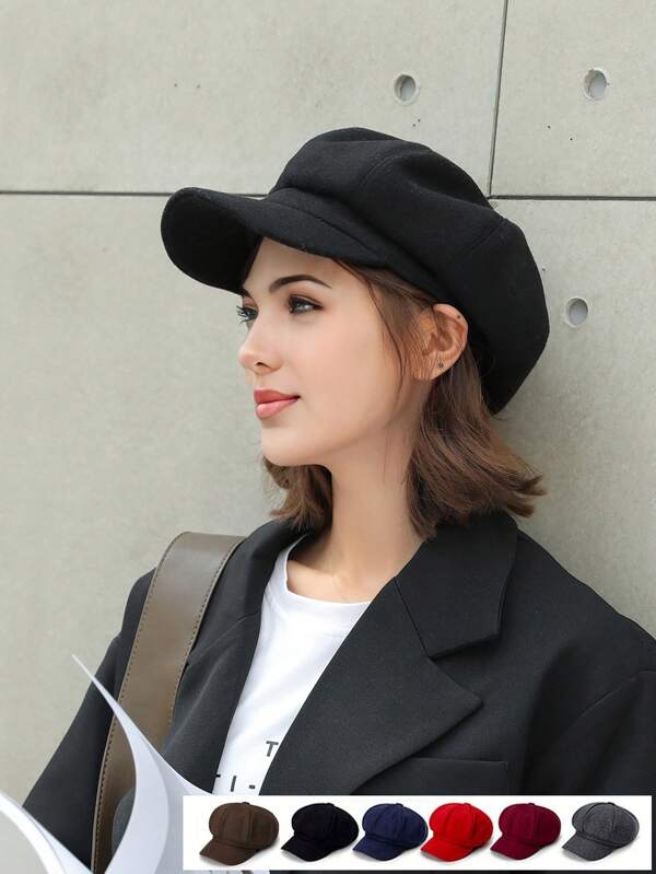 1pc Casual Vintage Solid Color Beret Hat, Warm And Windproof, Octagonal Cap For Winter