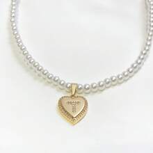 Mặt dây chuyền trang trí hình trái tim và ngọc trai giả Cubic Zirconia 26 chữ sang trọng, thích hợp cho tiệc tùng và đeo hàng ngày - Vàng - Xem 22