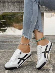 Zapatillas de moda para mujer, elegantes tenis de corte bajo con cordones, punta redonda, casual, con diseño de rayas, suela antideslizante de PVC, forro de malla, parte superior de PU, cómodos para todo el año