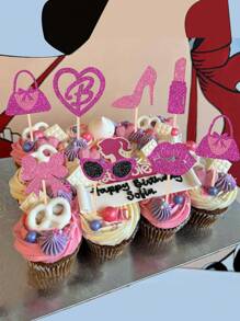 24pcs/Set Glitter Pink High Heels, Handbag, Lipstick, Glasses, Bowknot Cupcake Toppers For Women Birthday Party, Princess Cupcake Decorations, Cake Toppers