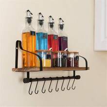 1pc Floating Shelf, Rustic Wood Shelf With 8 Hooks, Coffee Bar Display Shelf, Kitchen Spice Rack - Wood Color - View 7