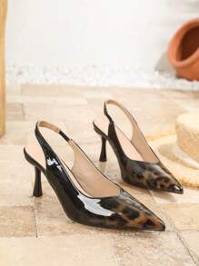 Neue Mode Hohe Sandaletten mit Leoparden-Muster und Lochprägung für Damen, sexy und stilvolle Spitzschuh High Heels - Khaki Schwarz - Übersicht 6
