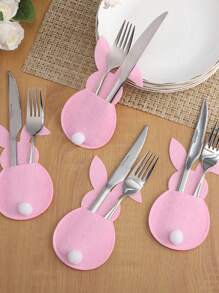 4 件复活节兔子无纺布刀叉套、毛绒尾巴银器餐具收纳袋、节日餐桌装饰