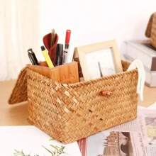 Shelf Baskets With Lid Set Of 3 Handwoven Seagrass Storage Box Wicker Basket Desktop Makeup Organizer Multipurpose Container - S - 查看 5