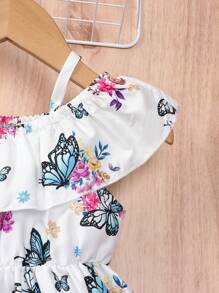 Baby Girl Ruffle Strap Ruffle Hem Floral & Butterfly Print Dress + Casual Hat Set - White - View 3
