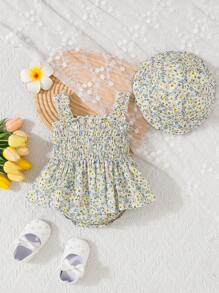 女婴雏菊印花凉爽连衣裙和帽子套装，夏季（非美国网站）