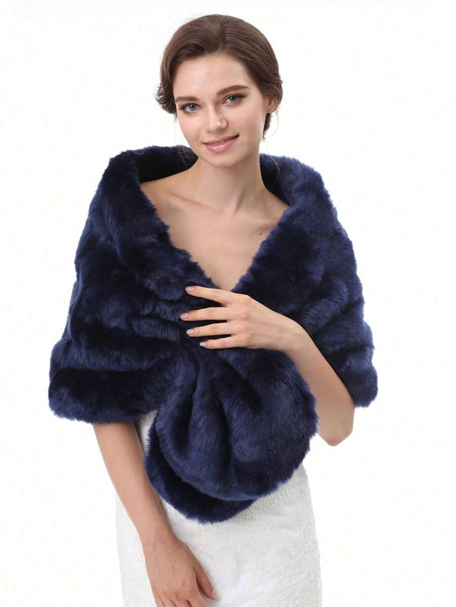 1pc Fluffy Thickened Navy Blue Collar Capelet Shawl For Bridal Warm Plush Shawl - Navy Blue - View 1