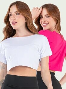 Kit 2 Cropped Feminino Fitness Academia - Tropical Pink - View 1