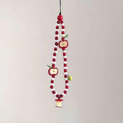 Handmade Half Apple Shaped Mobile Phone Lanyard Keychain Beaded Strap Cute Camera Pendant, Fresh Design Gifts For Mother, Family, Friends, Birthday, Holiday Phone Charm, Phone Chain