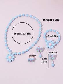 Set de 5 piezas de joyería con collar, pulsera, anillo y aretes con diseño de flores y mariposas, accesorios encantadores con cuentas, adecuado como regalo de cumpleaños para niñas - Azul - Ver 2