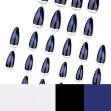 Transform Your Nails With 24pcs Minimalist Modernist Creative Retro Novelty Unique Personalized Music Festival Handsome Dark Style Hottie Silver Edge Haze Blue Blending Medium Almond Press On Nails Fake Nail Kit, Suitable For Girls And Women With Unique Personalities To Use In Daily Life And During Music Festivals