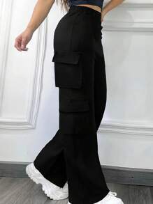 Women's Y2K Style Solid Color Thin Breathable Flap Pocket Straight Leg Cargo Pants, Suitable For Outdoor Sports And Casual Wear, Spring/Summer/Autumn New Elastic High Waist Trousers - Black - View 1
