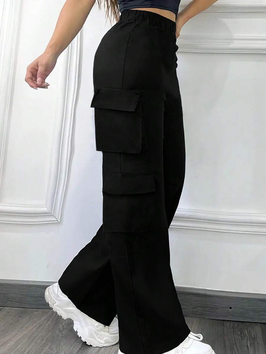 Women's Y2K Style Solid Color Thin Breathable Flap Pocket Straight Leg Cargo Pants, Suitable For Outdoor Sports And Casual Wear, Spring/Summer/Autumn New Elastic High Waist Trousers - Black - View 1