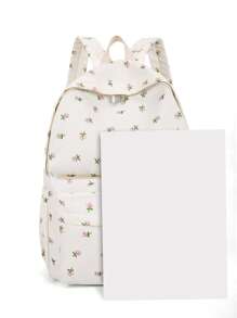 Tulip Print Campus Style Backpack With Pendant, Large Capacity, Minimalist Casual Commuter Storage Bag, School Backpack - Beige - View 6