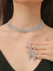 1pc Women Fully Rhinestoned Necklace & 1 Pair Fully Rhinestoned Tassel Earrings, 2Pcs Jewelry Set, Versatile Accessory For Evening Dress