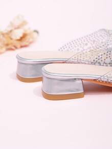 1 Pair New Summer Fashion Crystal Heel Little Girl High Heel Sandals, Girls Party Outdoor Performance Shoes, Party Princess High Heel Slippers Suitable For Wedding, Party - Silver - View 7