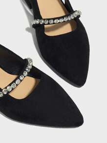 Women's Black Thick Heel Rhinestone Decor Pointed Toe Mule Sandal, French Low Heel Backless Strap Roman Sandal For Casual, Business, Outdoor Activities