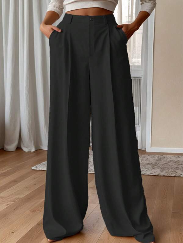 Plus Size High Waist Solid Color Zipper Pocket Straight Leg Casual Trouser, Slimming