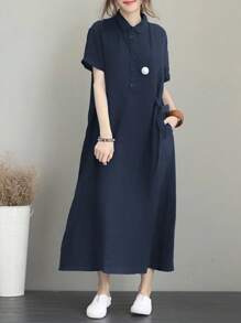 Polo Dress Short Sleeve Women's T-Shirt Dress Loose Midi Dresses Knee-Length Swing Summer Dress Casual Dress With Pockets