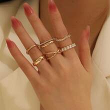 6 件金色百搭戒指，奢华水钻装饰指环，女士珠宝 - 金黃色 - 查看 7