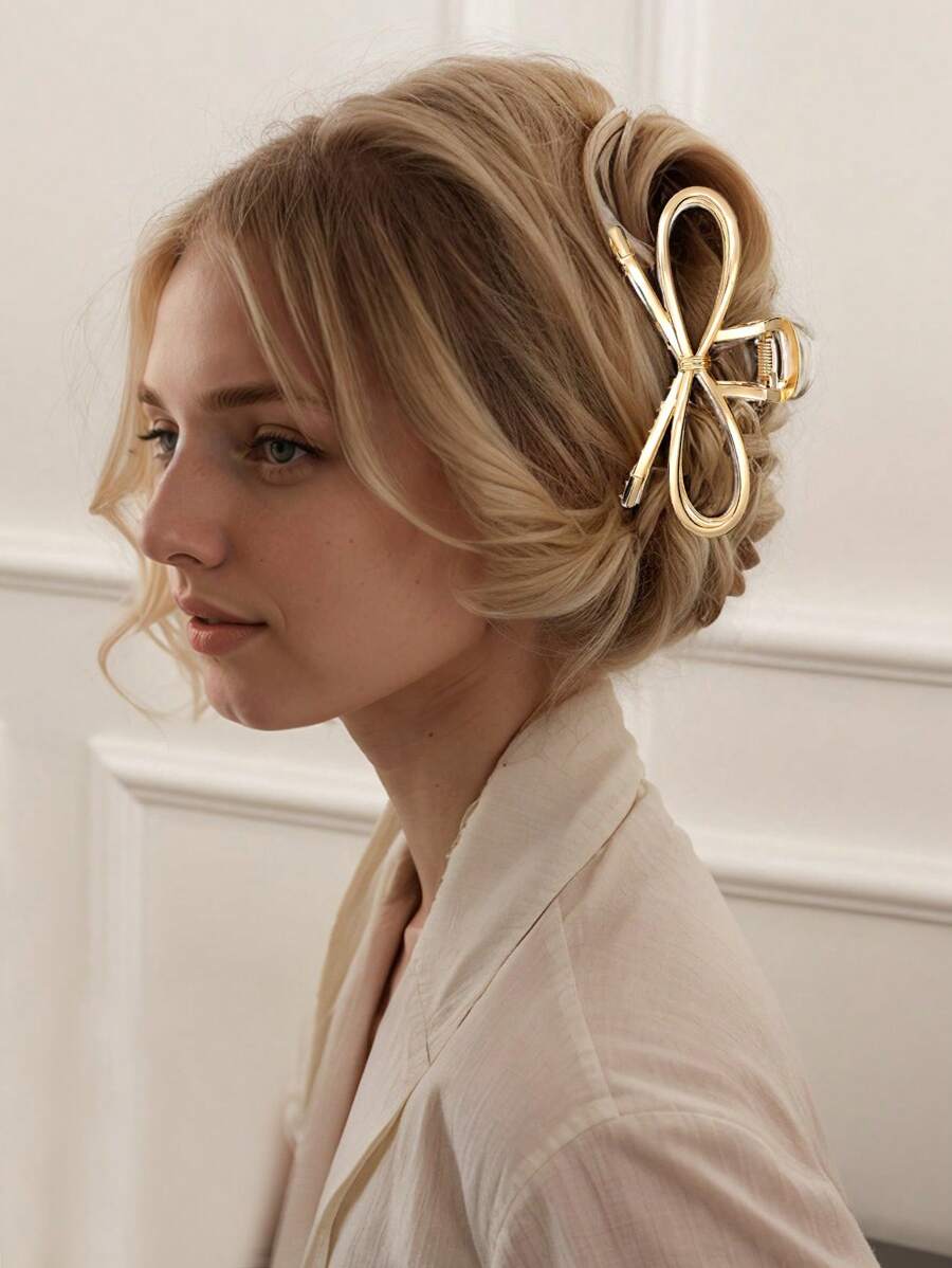 1pc Large Golden Ribbon Women's Hair Clips Simple Metal Hair Clips Fashion Strong Modeling Claw Clips