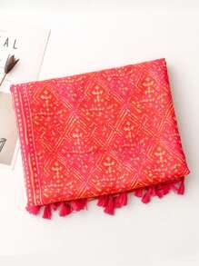 1pc Women's Boho Geometric Print Balinese Gauze Tassel Long Scarf, New Vintage Soft Breathable Scarf For Spring Summer, Sun Protection Shawl, Casual Outdoor Travel Beach Gift - Multicolor - View 4