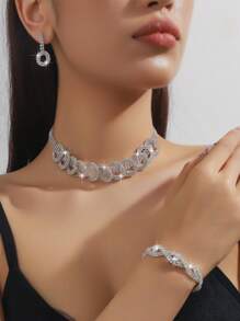 4 pièces Ensemble de bijoux collier, boucles d'oreilles, bracelet en cristal brillant, pendentif géométrique circulaire