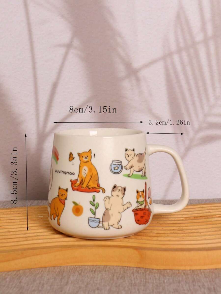 1 pieza Taza cerámica con forma de gato linda y práctica para el hogar y la oficina, patrón aleatorio, para café o leche, de vuelta a la escuela - Blanco - Ver 1