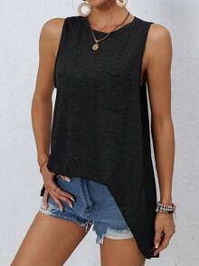 Camiseta feminina sexy com bolso patchwork sem mangas e costas nuas