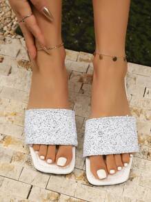 Plus Size Women Flat Sandals, Vacation Style Summer Casual Versatile Rhinestone Decor Sandals - Beige - View 5