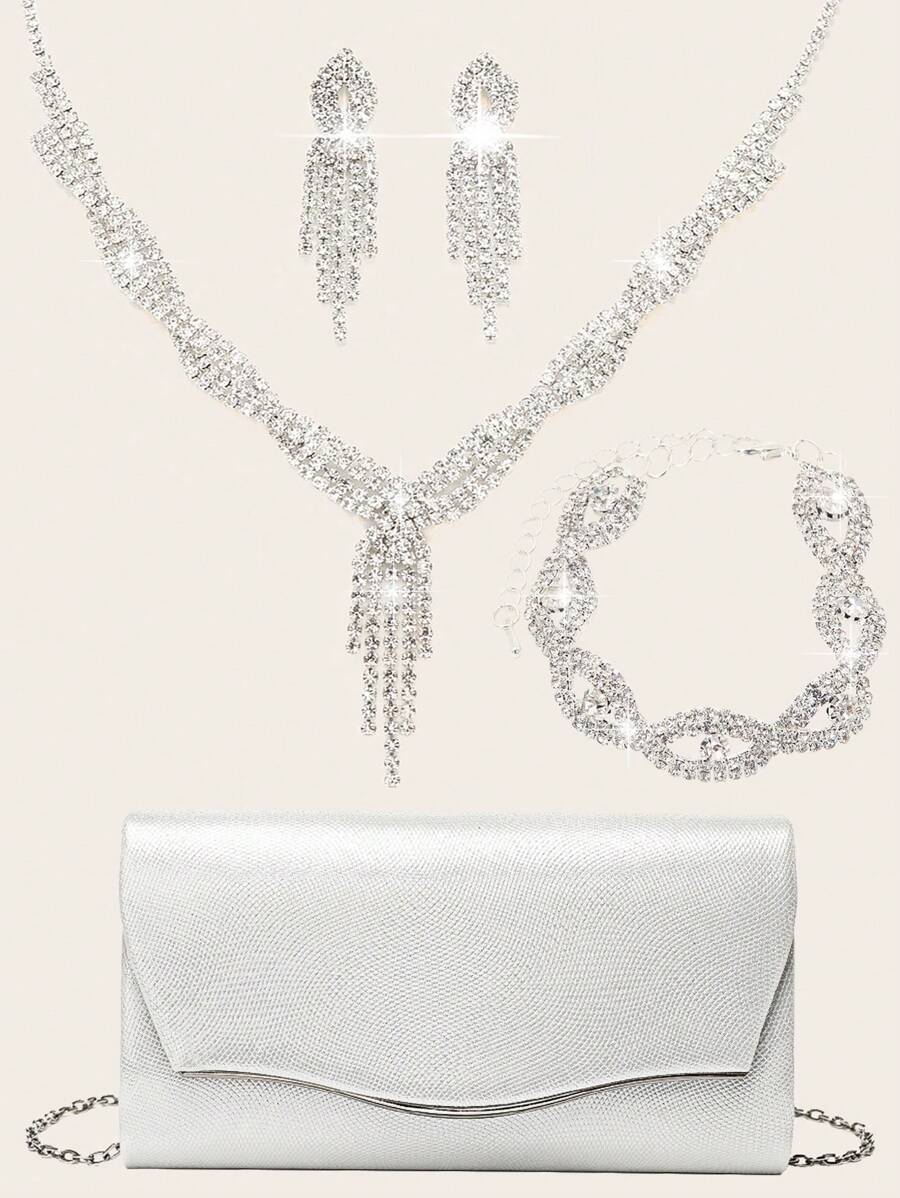 Women's Rhinestone Jewelry Rhinestone Jewelry Set Sparkling Necklace Earrings Bracelet Set Sparkling Wallet Handbag Envelope Women's Ball Sparkling Handbag Silver Colorful Flip Cover Bag Wedding Party Handbag Cocktail Party Wedding New Wallet Banquet Bag Evening Dress Women's Bridal Evening Dress Ball