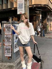 美式休闲风格字母印花宽松短袖T恤 - 灰色 - 查看 4