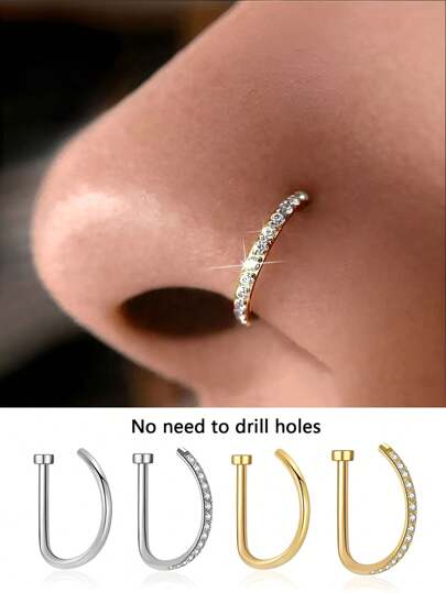 2 Pieces/1-Piece Fashion Nose Rings, Gold And Silver Stainless Steel Nose Rings, Non-Piercing Design Fake Nose Rings, Punk Style, Hip Hop Style, D-Shaped Nose Rings, Crystal Nose Rings, Zirconia-Inlaid Fake Nose Rings