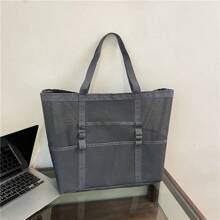 Bolsa de playa de lona de gran capacidad, versátil para ir al trabajo, bolsa de hombro de compras, ligera, bolsa de malla semitransparente hueca - Gris - Ver 10