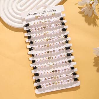 12pcs Set Of Single Party Bride And Bridesmaid Letter Multi-Layer Stacked Love Elastic Soft Pottery Bracelet Set, Fashionable Ladies Bracelet Wedding Engagement Banquet Party Dance Party Wear Gift Bracelet Set