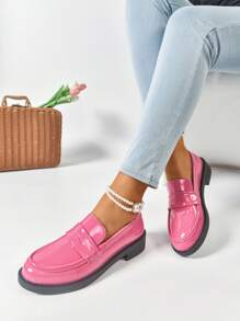 Women's British Style Patent Leather Slip-On Flats, Soft Sole, Fashion Versatile Street Style Loafers, Low Heel, Thick Sole, Campus Style