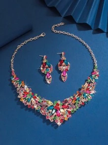 Set de 3 piezas de joyería con flores totalmente adornadas con rhinestones, accesorios elegantes - Multicolor - Ver 11