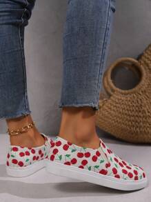 新款时尚休闲樱桃印花一脚蹬运动鞋，街头风格女士平底运动鞋