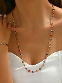 1pc Bohemian Colorful Glass Zirconia Heart Pendant Necklace, High-End Personalized Resort Style Suitable For Daily Wear By Women - Gold - View 3