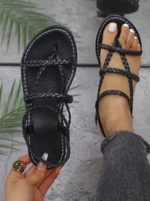 Women Woven Flat Sandals/Slippers In Black, Brown, Apricot, Coffee, Beige Colors - Open Toe, Non-Slip, For Indoor And Outdoor Use - Black - View 1